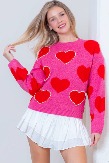 COZY PINK SWEATER WITH RED HEARTS & PEARL DETAILS