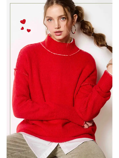 Loose Fit Mock Neck Exposed Seaming Detailed Sweater
