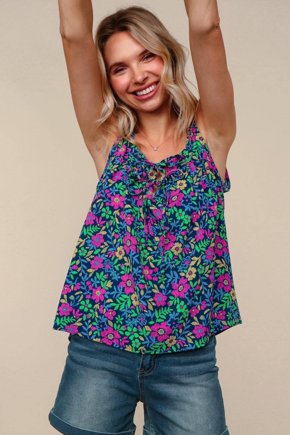 Floral Woven Blouse W/ Front Bow Tied Detail