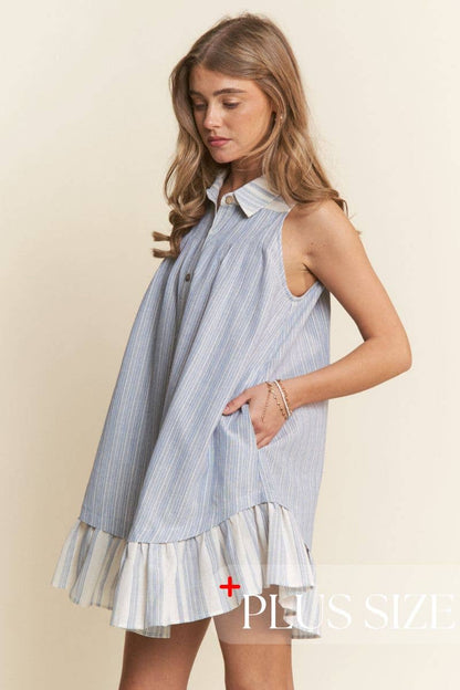 Button Down A-Line Striped Mini Dress 1X-3X
