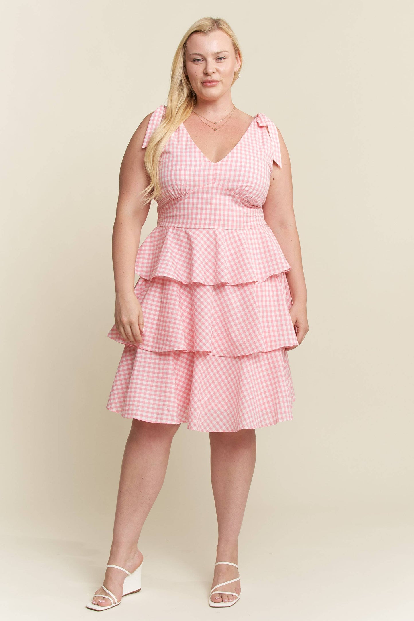 PLUS SIZE GINGHAM TIERED MINI DRESS