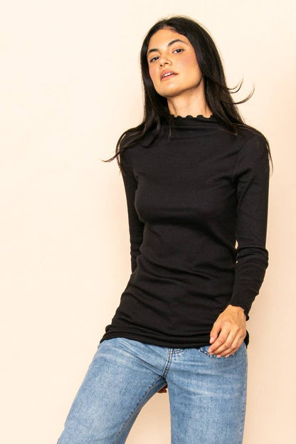 Mock Neck Merrow Detail Ribbed Long Sleeve Top