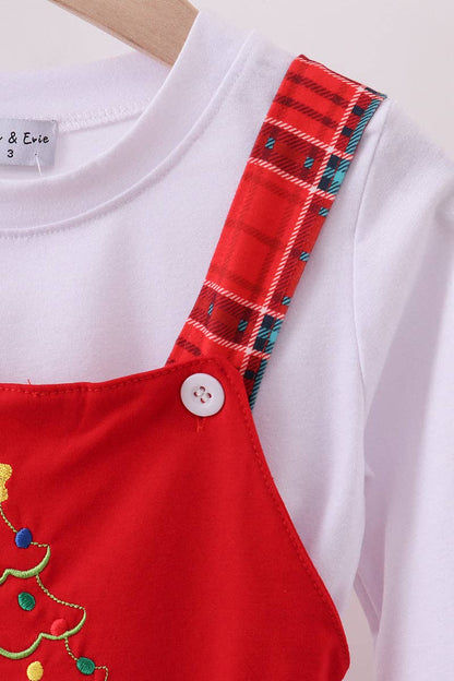 KIDS Red tree embroidery plaid jumpsuit set