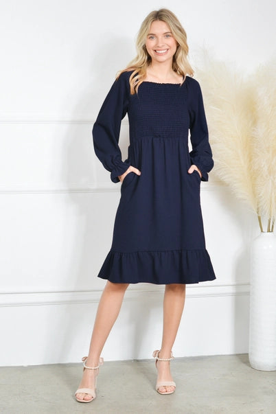 Smocking Long Sleeve Ruffle Dress: Navy