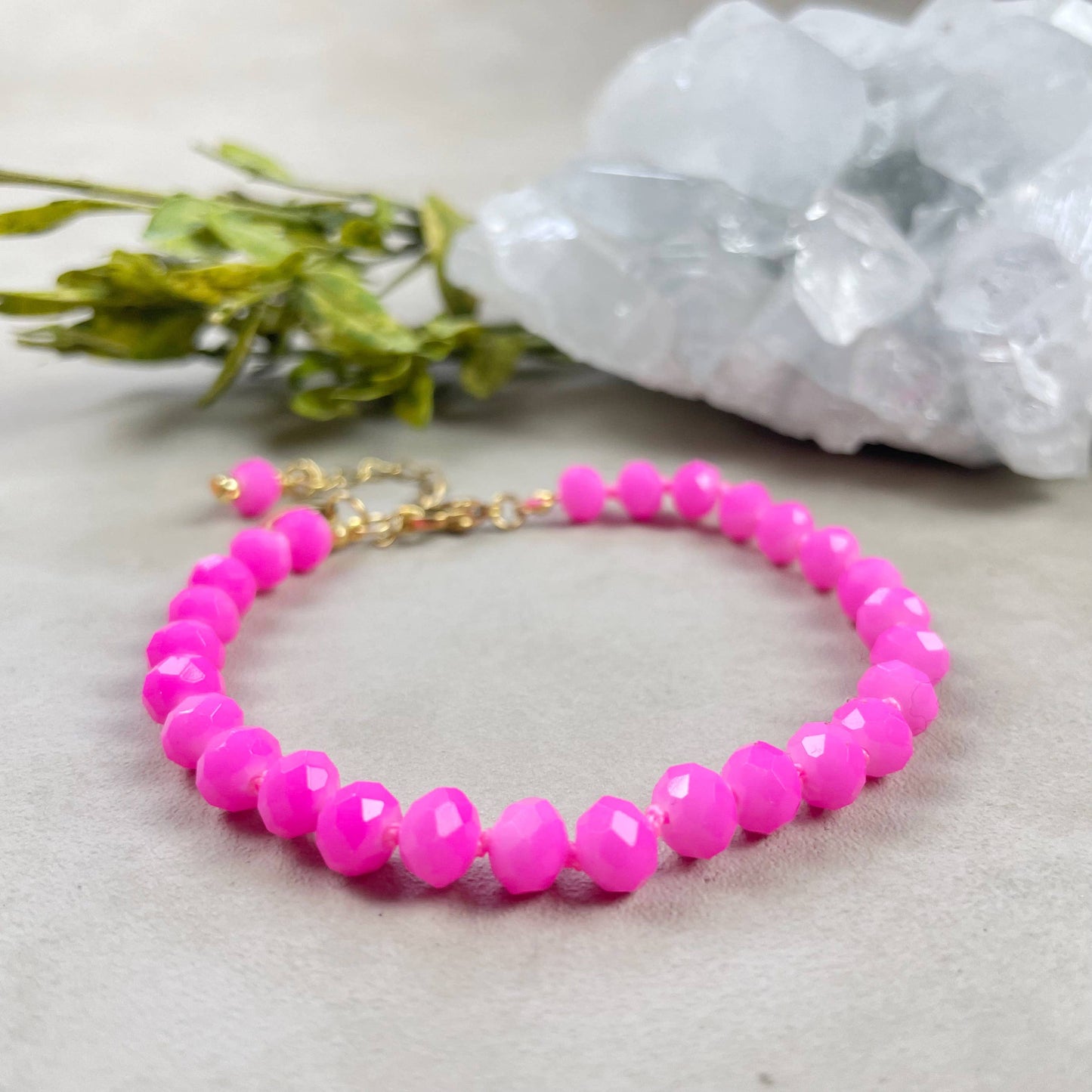 Barb// Hot Pink Neon Crystal Beaded Handknotted Bracelet