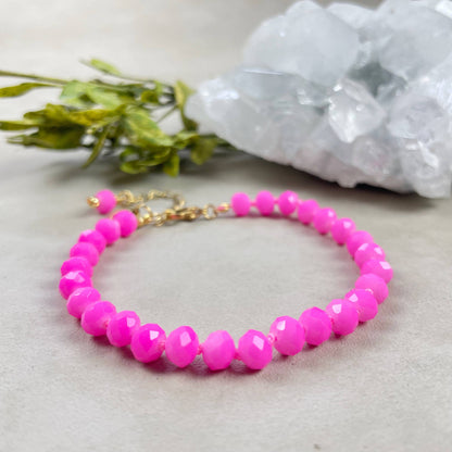 Barb// Hot Pink Neon Crystal Beaded Handknotted Bracelet