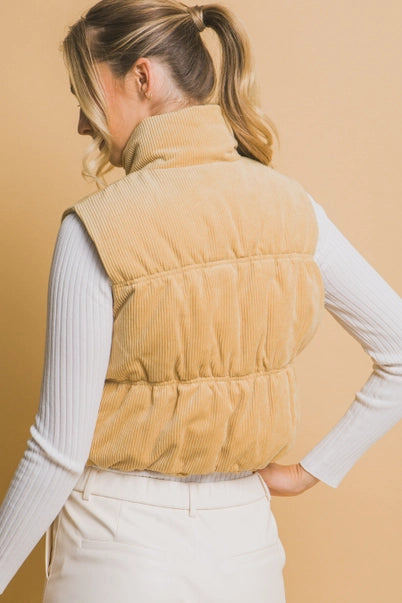 CORDUROY ZIP UP PUFFER VEST WITH POCKETS: Mellow