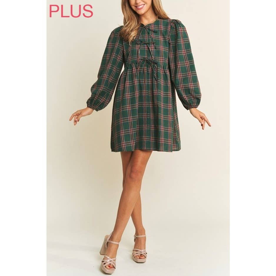 PLUS SOFT PLAID  BABYDOLL BOW MINI DRESS