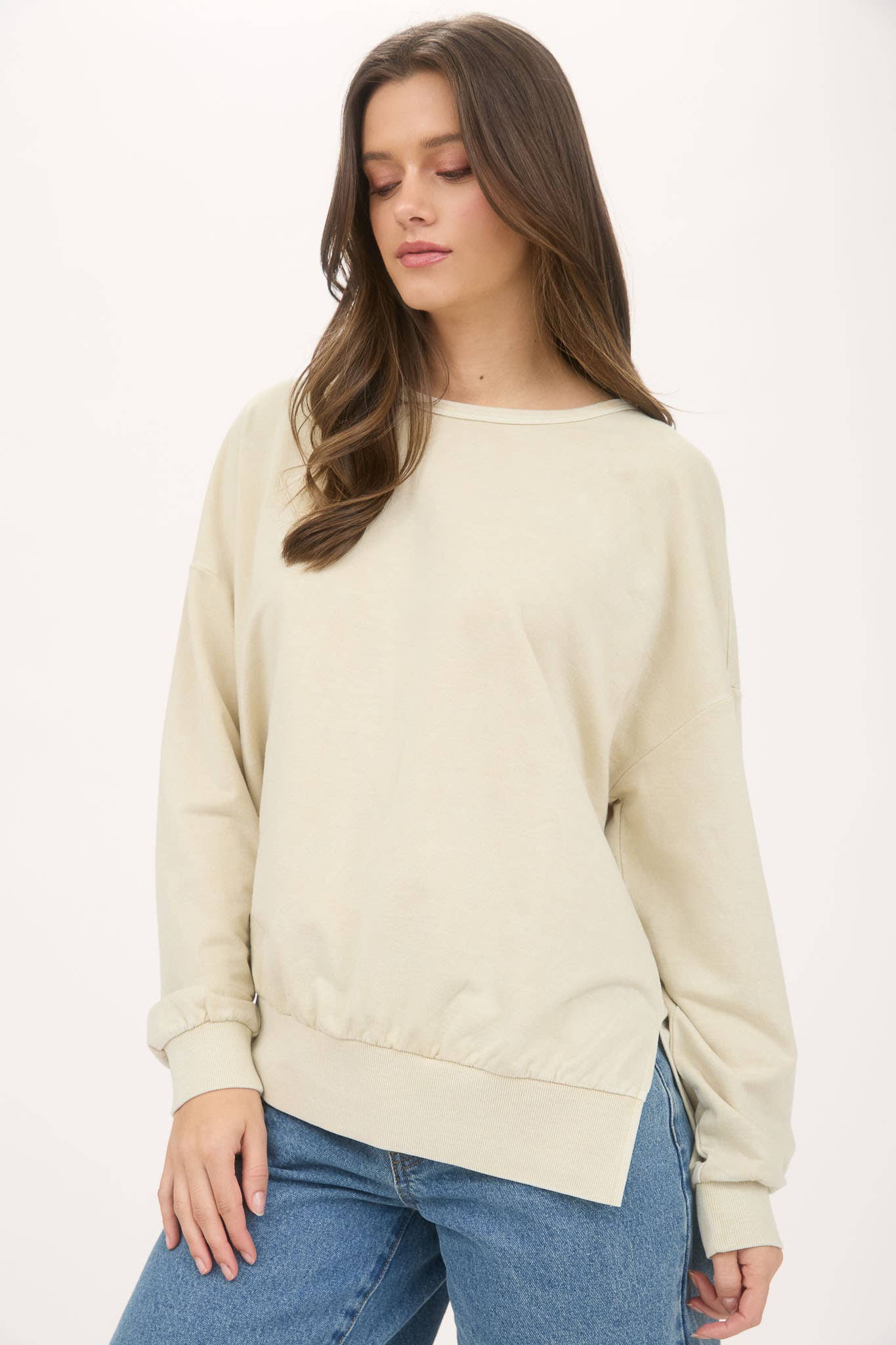 WASHED SIDE SPLIT LONG SLEEVE KNIT TOP