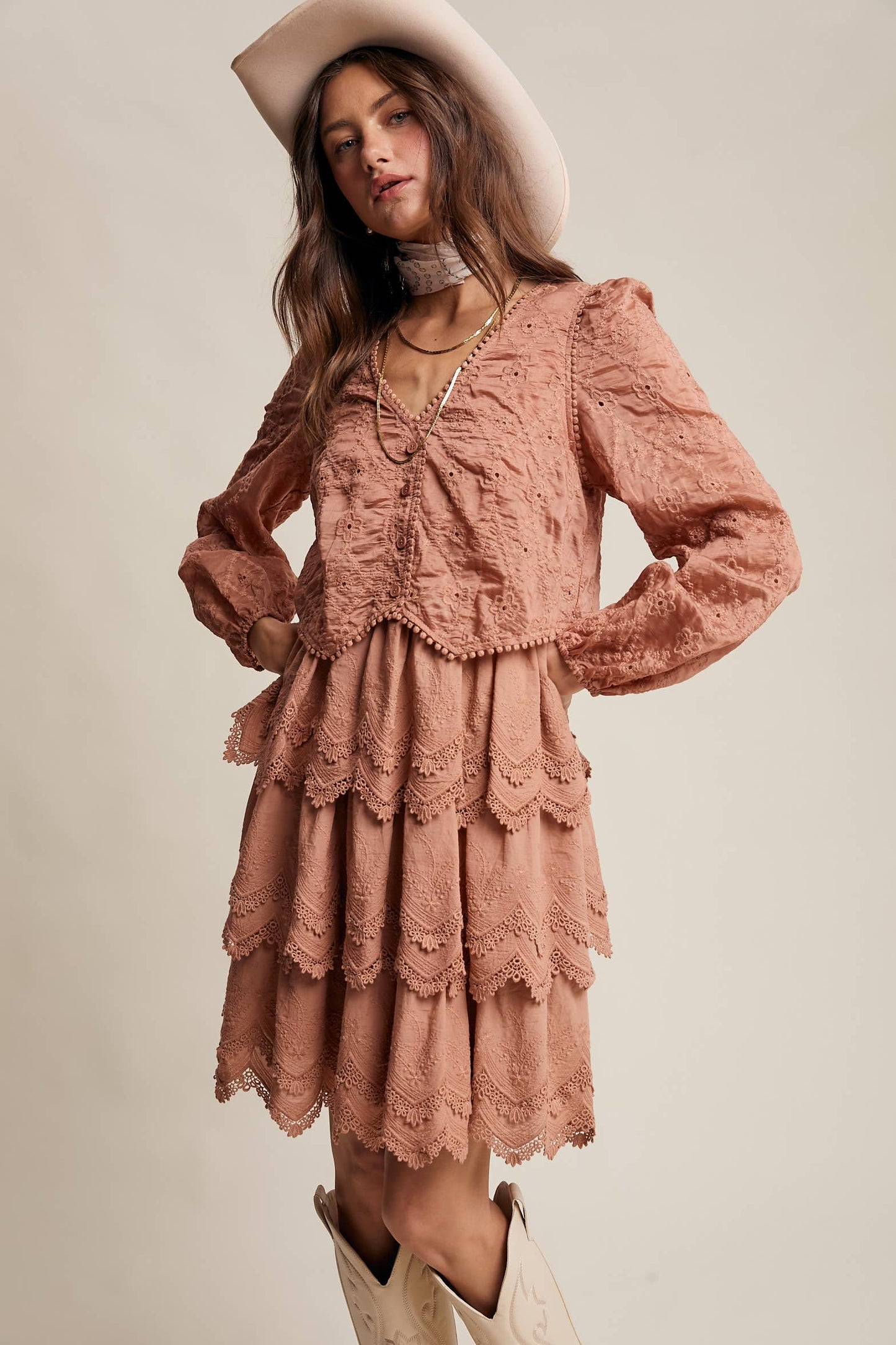 Tiered Scallop Embroidered Mini Dress