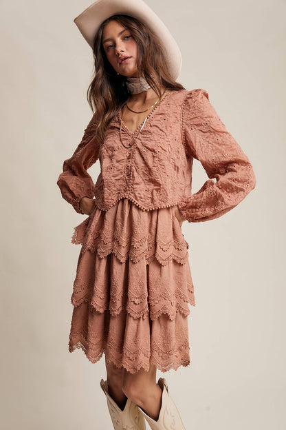 Tiered Scallop Embroidered Mini Dress