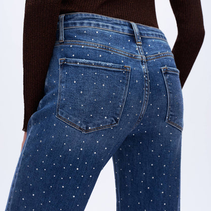 High Rise Rhinestone Wide Leg Ankle Jeans for Women OSWM8008