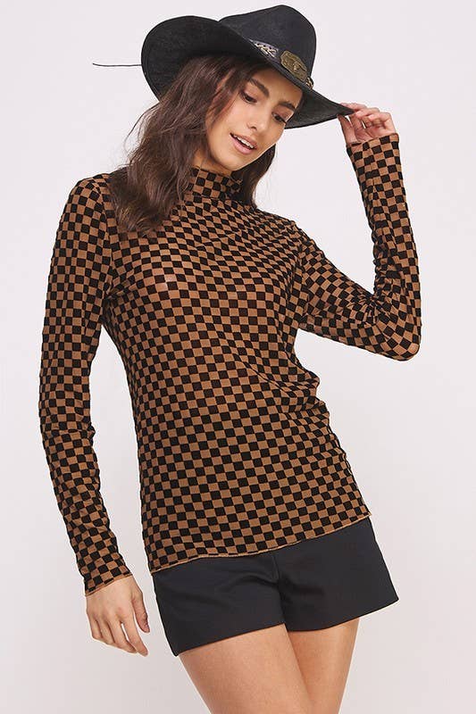 PLUS SIZE LONG SLEEVE CHECKERED MESH MOCK NECK TOP