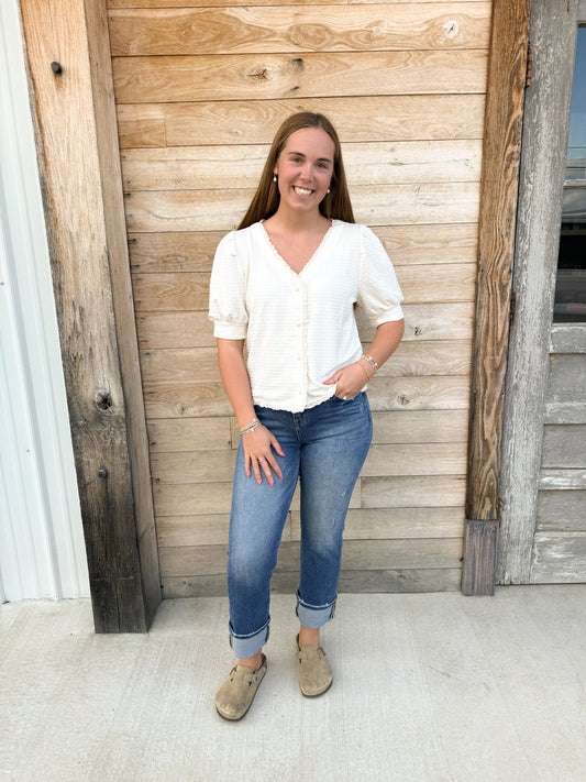 Textured Knit Puff Short Sleeve Button Blouse