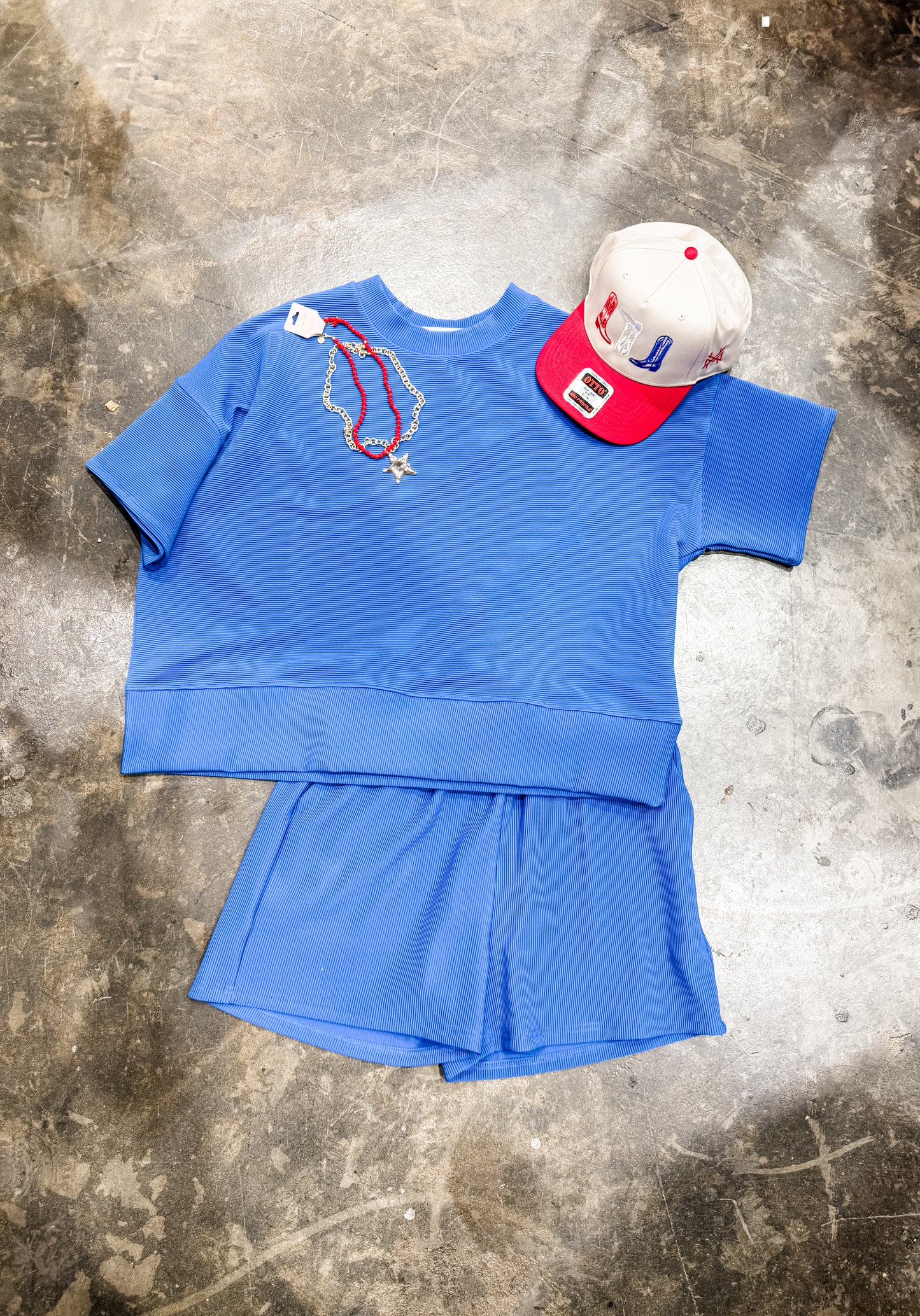 RIBBED ROUND NECK WAIST BANDED TEE & SHORTS SET