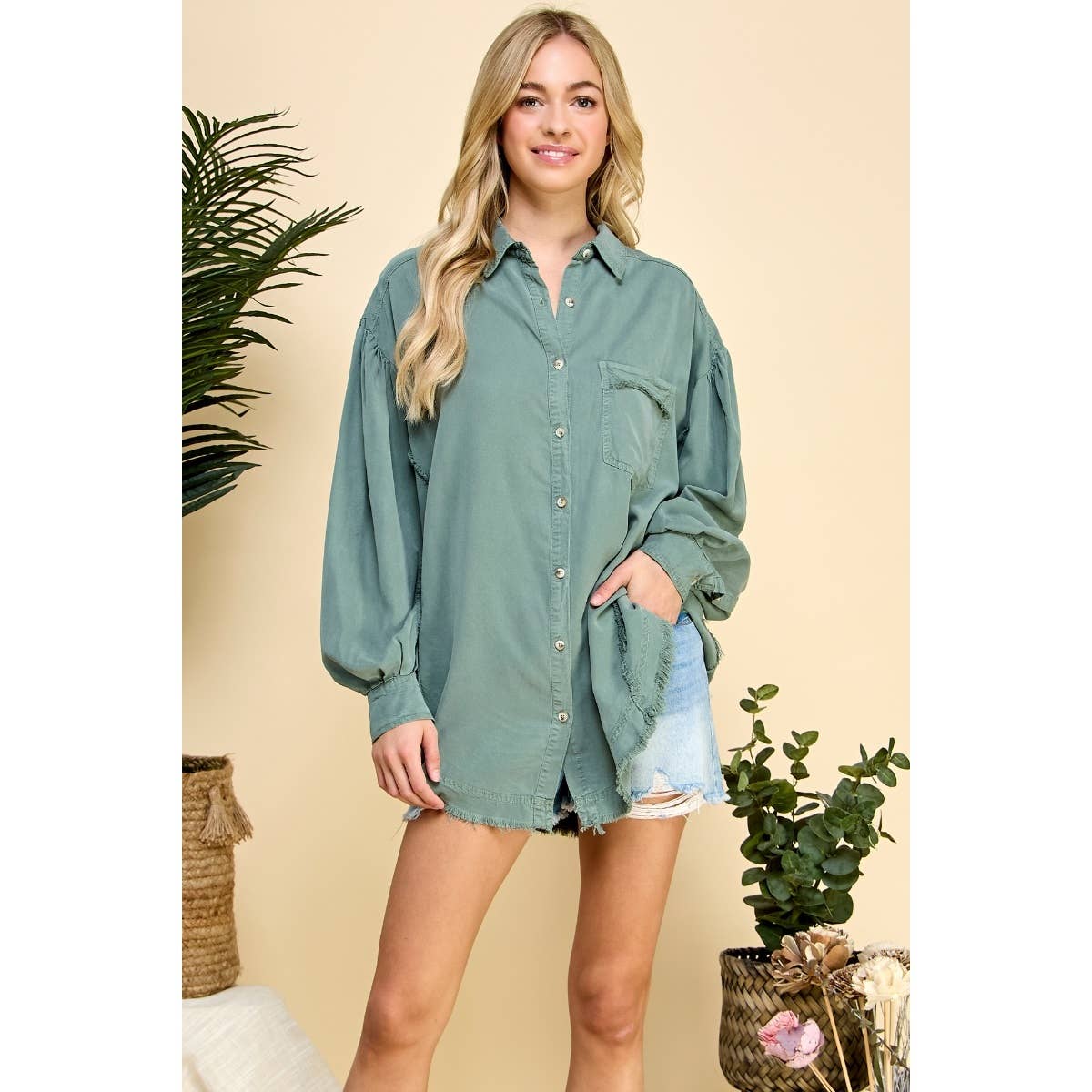 Oversize Frayed Seam Balloon Sleeve Shirts