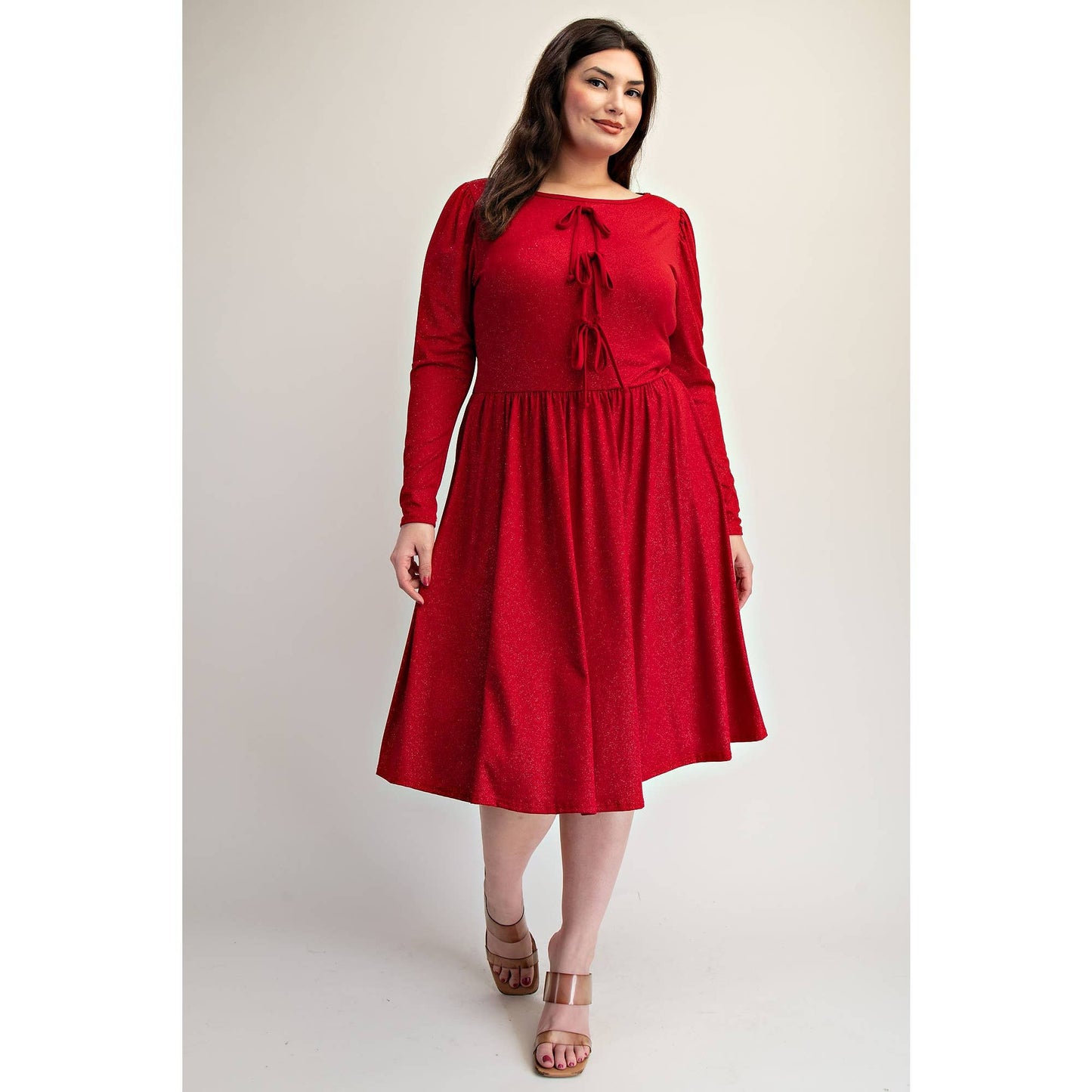 PLUS SIZE GLITTER KNIT FLARE DRESS WITH BOW DETAILS
