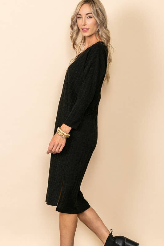 V Neck Long Sleeve Knit Dress With Side Slit