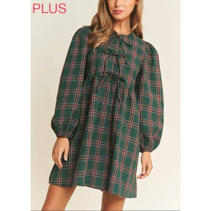 PLUS SOFT PLAID  BABYDOLL BOW MINI DRESS