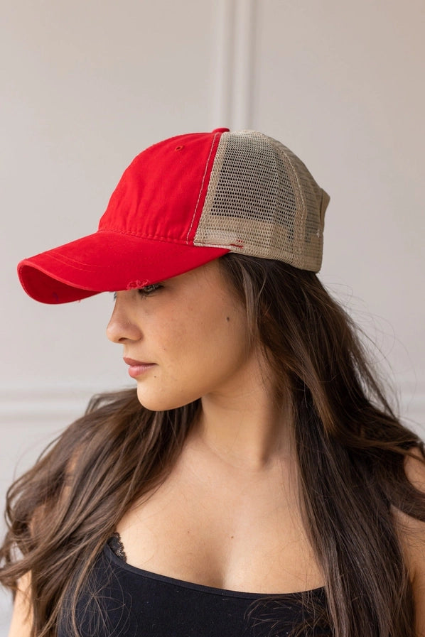 Red High Ponytail Hat with Beige Mesh: RED, One Size