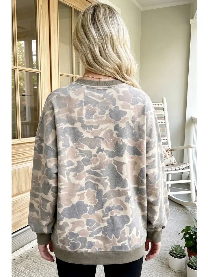 Camo Print Ribbed Trim Casual Pullover Sweatshirt