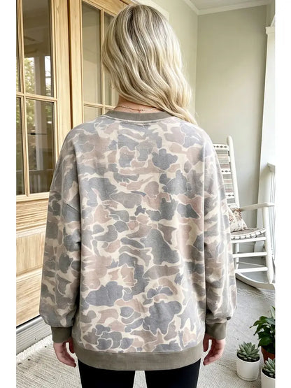 Camo Print Ribbed Trim Casual Pullover Sweatshirt