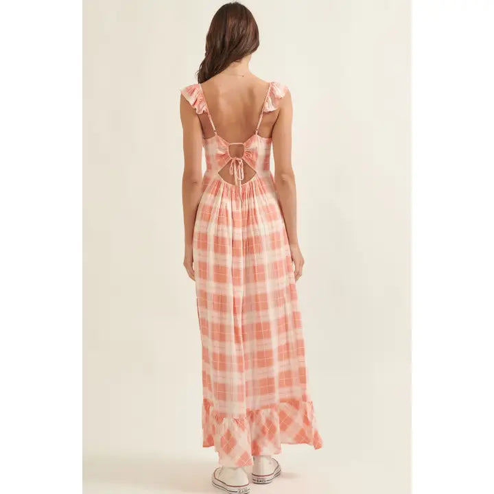 Plaid Sweetheart Sleeveless Open Back Maxi Dress : Coral