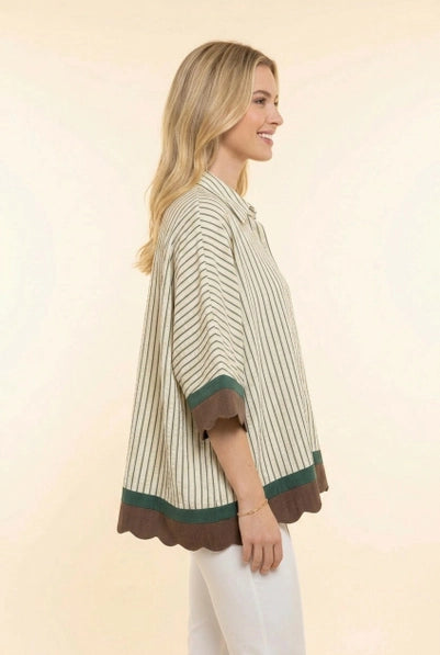 Striped Button Front Blouse with Scallop Hem