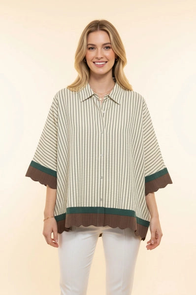 Striped Button Front Blouse with Scallop Hem