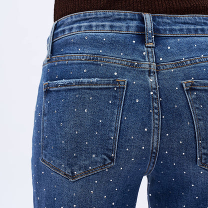 High Rise Rhinestone Wide Leg Ankle Jeans for Women OSWM8008