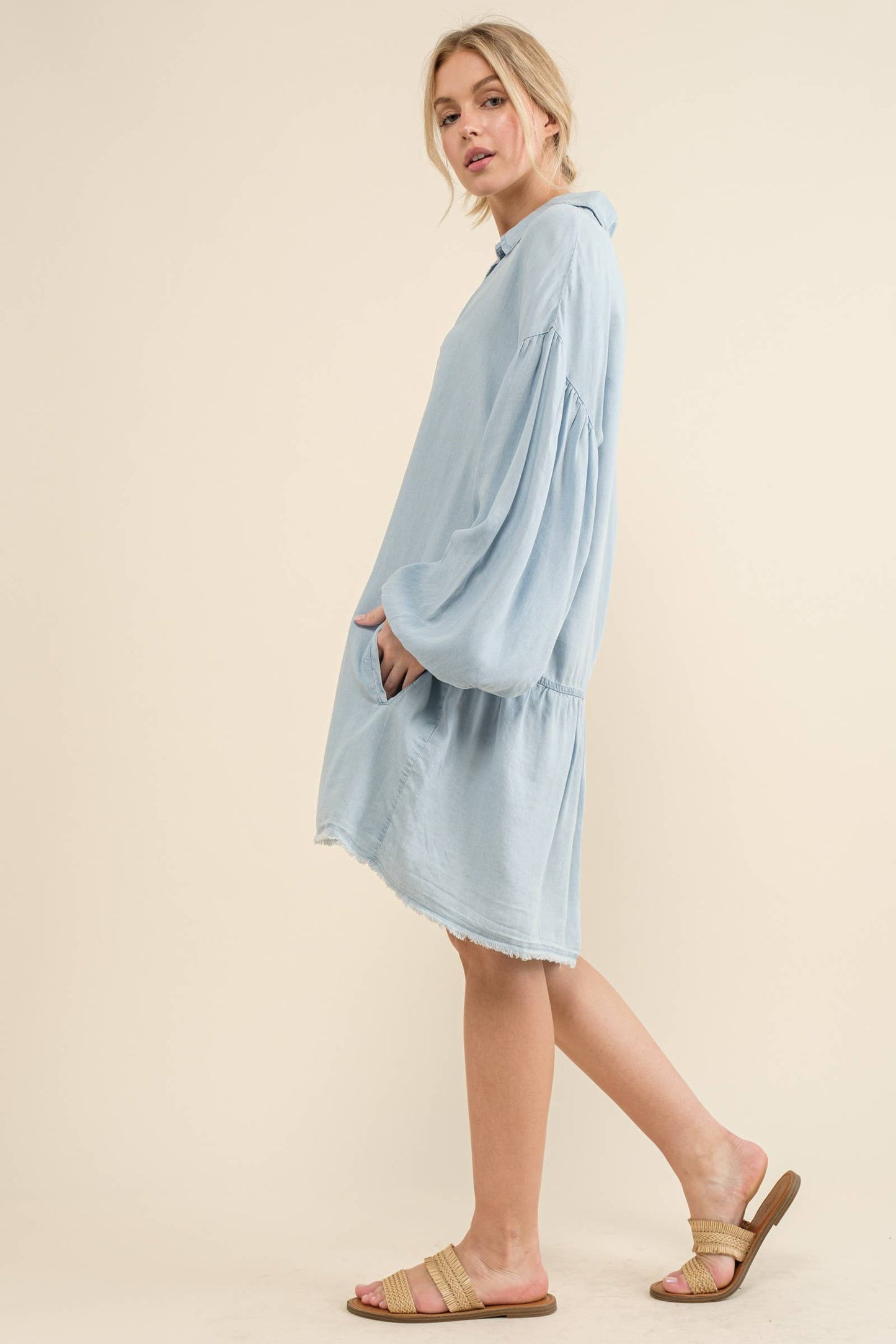 Raw Edge Hem Chambray Casual Dress