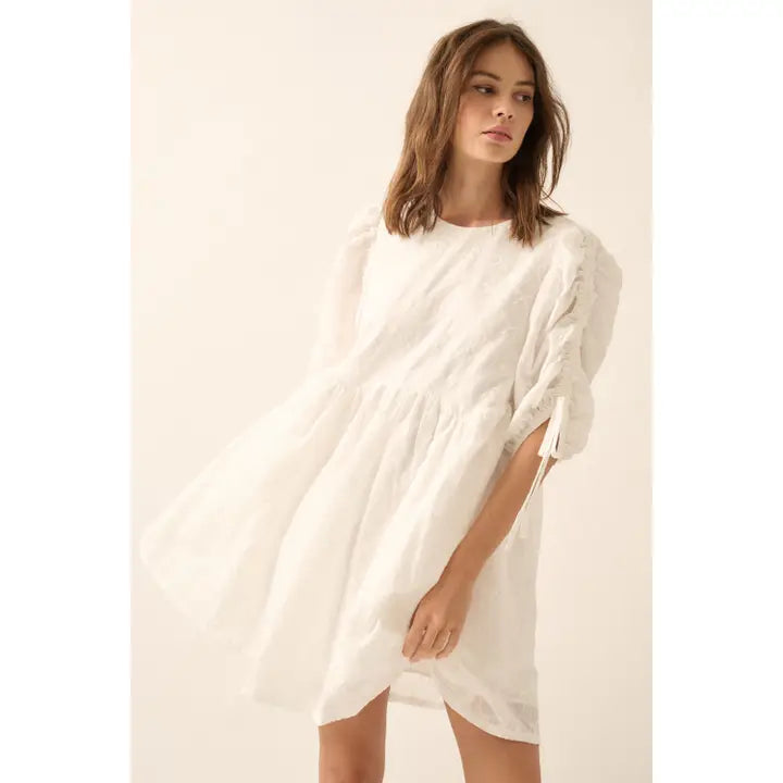 Bow-Embroidered Ruched-Sleeve Babydoll Mini Dress : Off-white