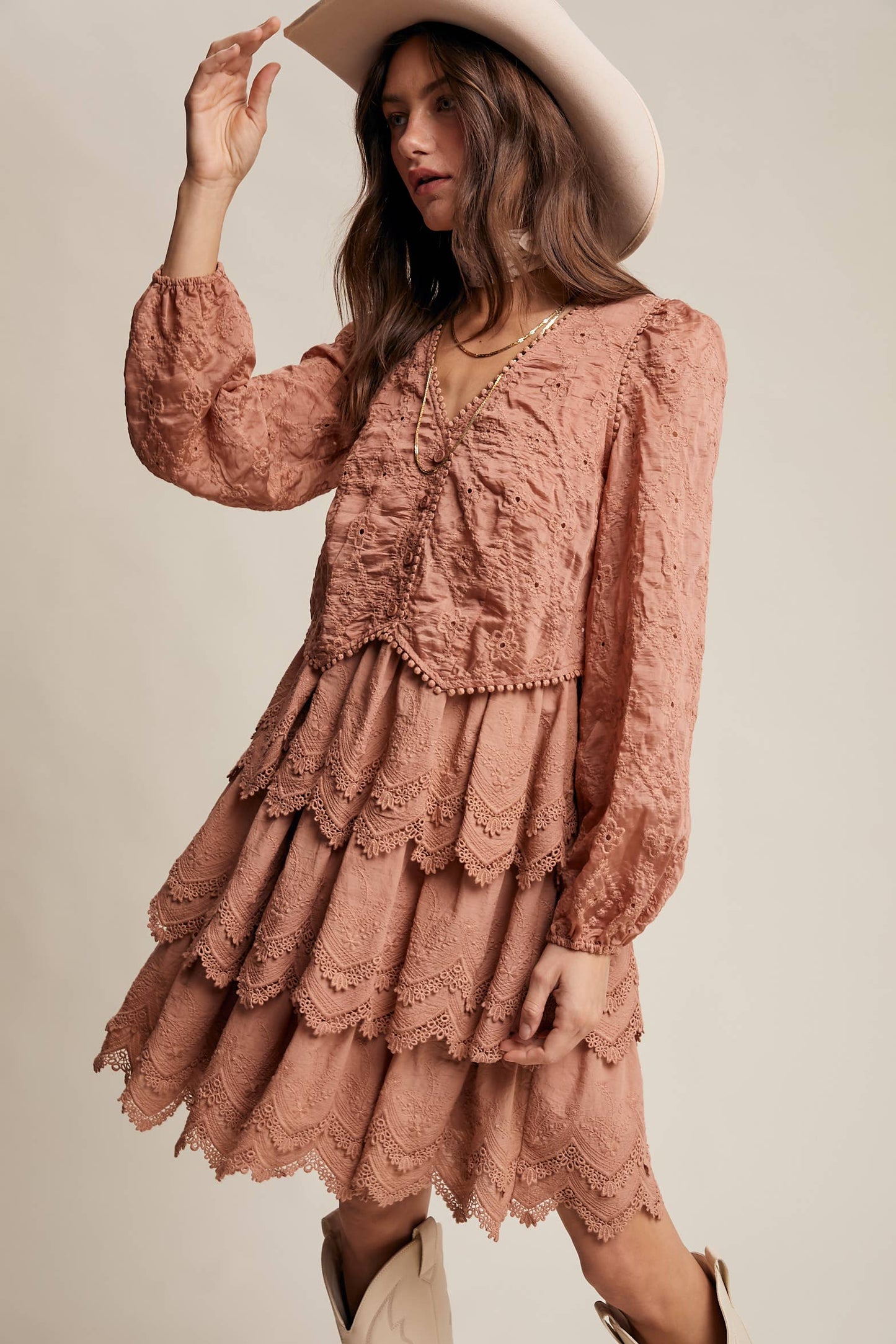 Tiered Scallop Embroidered Mini Dress
