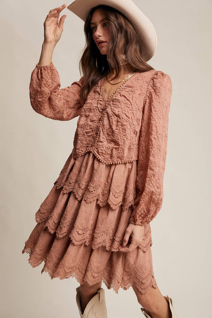 Tiered Scallop Embroidered Mini Dress