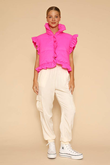 Cropped ruffle puffer vest