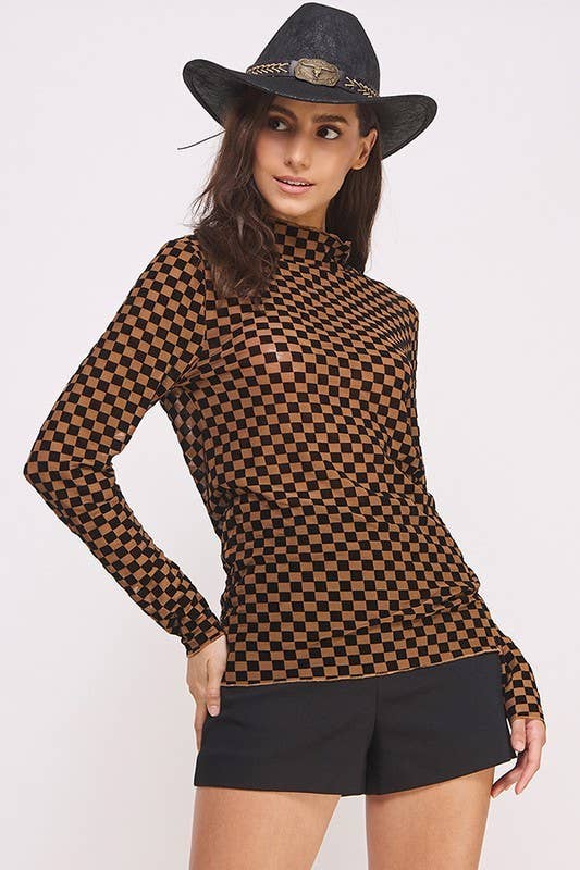 PLUS SIZE LONG SLEEVE CHECKERED MESH MOCK NECK TOP