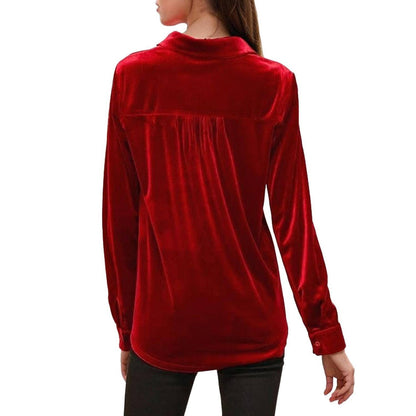 Pleione Women's Button Down Velvet Shirt Blouse in Red