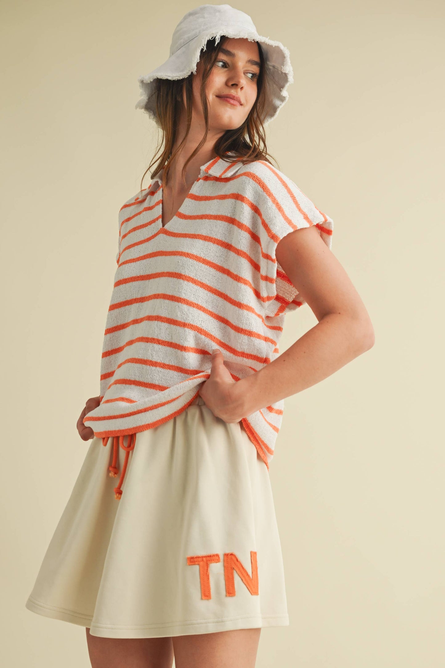 CSW18065 - STRIPED COLLARED V NECK TOP
