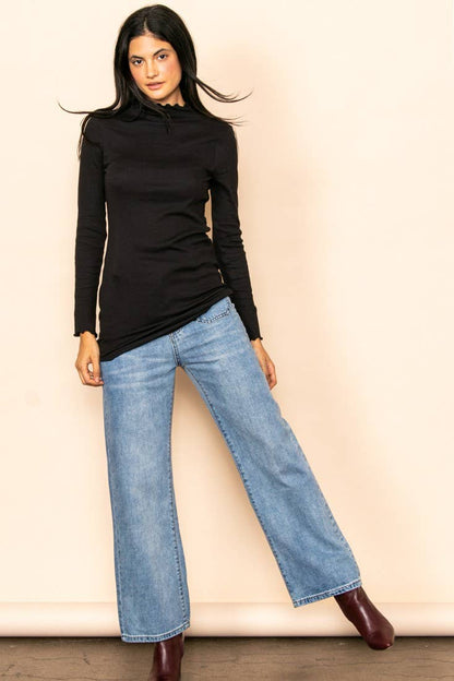 Mock Neck Merrow Detail Ribbed Long Sleeve Top