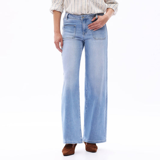 Mid Rise Wide Leg Front Patch Pockets Denim Jeans OSW8018