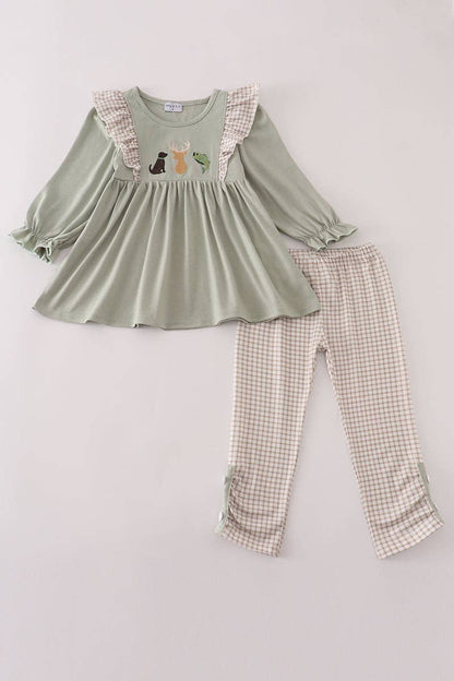 Dog Deer Fish embroidery ruffle pants set