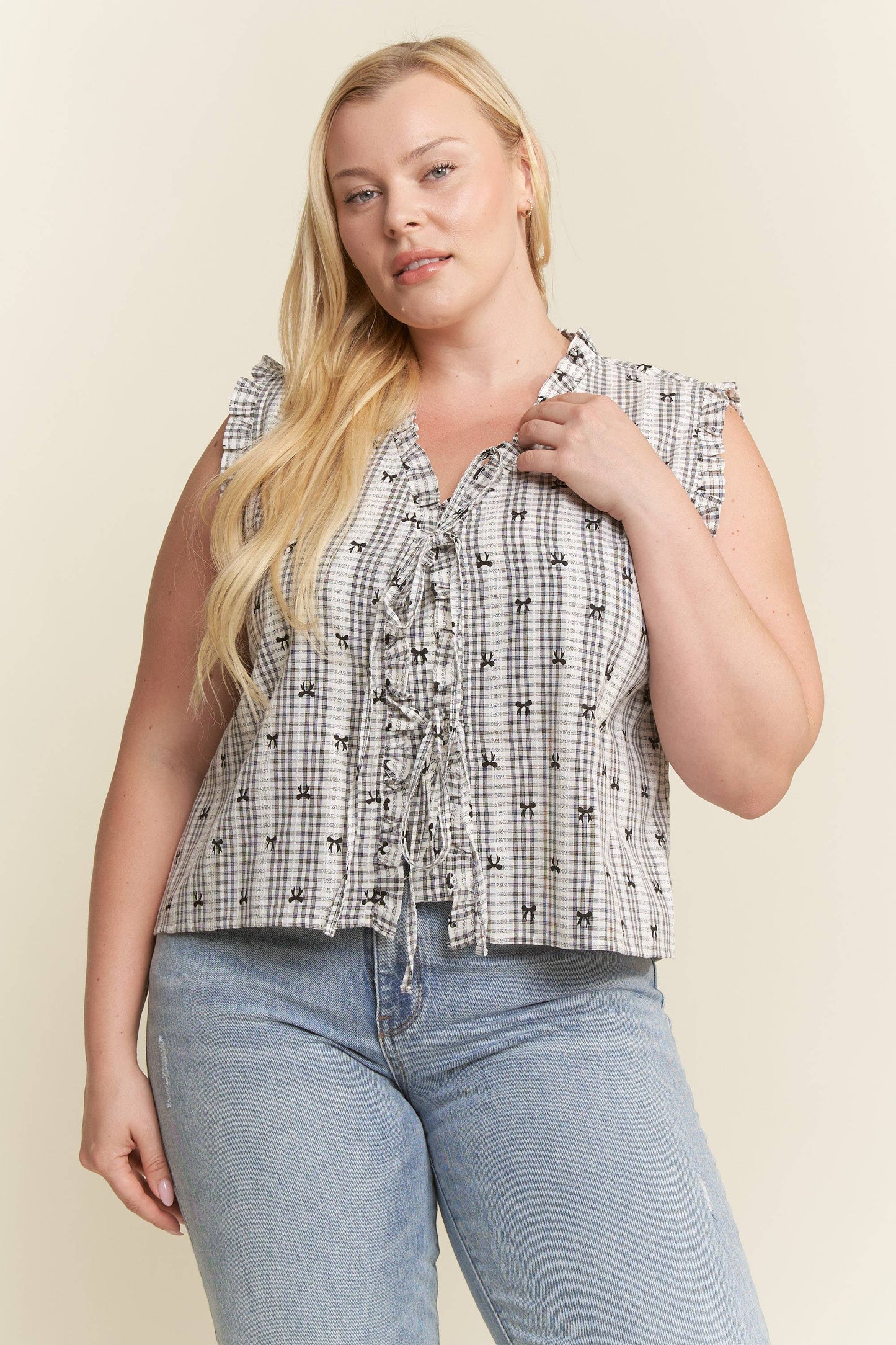 PLUS SIZE BOW PRINT PLAID TIE FRONT TOP