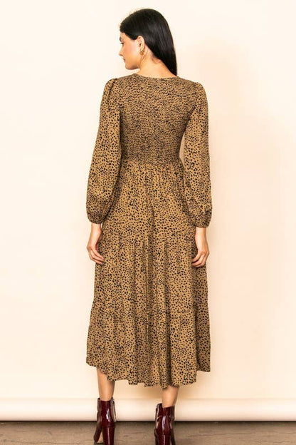 Smocked Chest Wide Flare Tiered Midi Dress w Pockets