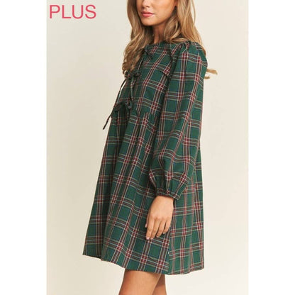 PLUS SOFT PLAID  BABYDOLL BOW MINI DRESS