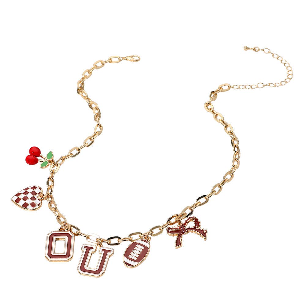Football Theme Bow Cherry Heart Charm Station Necklace