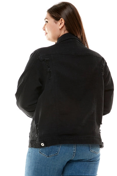 Plus Size Button Front Denim Jacket- Black