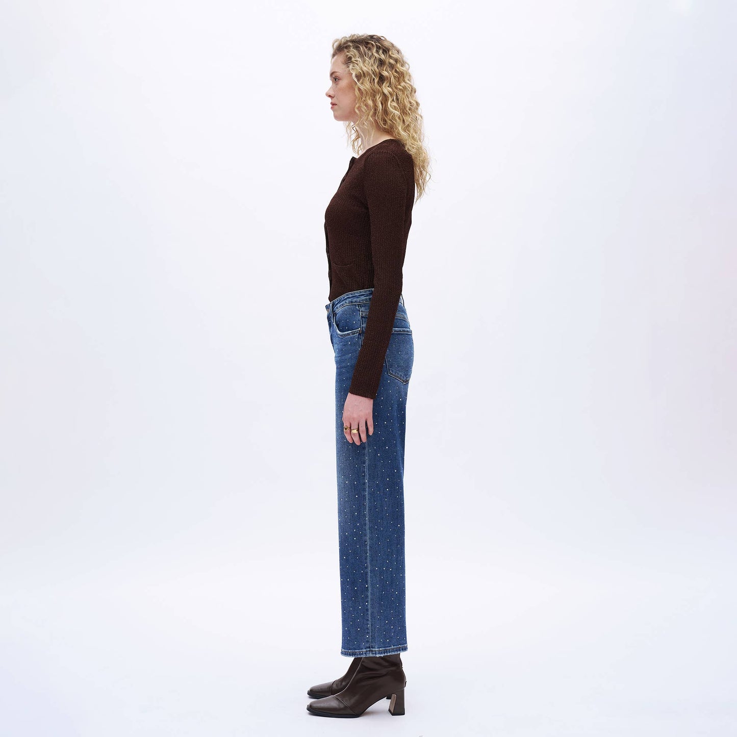 High Rise Rhinestone Wide Leg Ankle Jeans for Women OSWM8008
