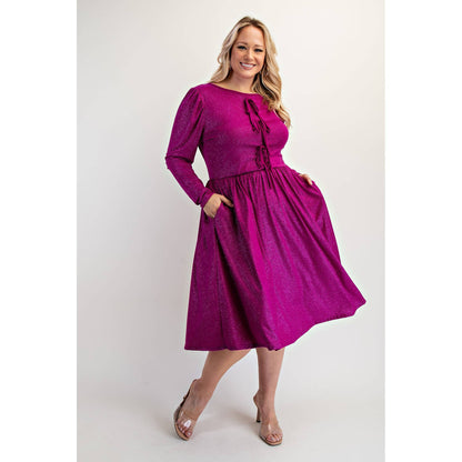 PLUS SIZE GLITTER KNIT FLARE DRESS WITH BOW DETAILS