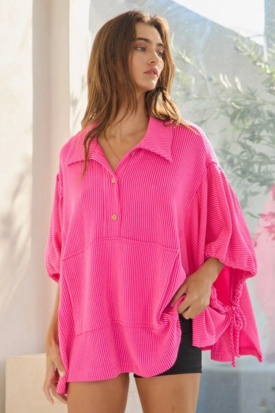 Oversized Drawstring Tie Sleeves Top