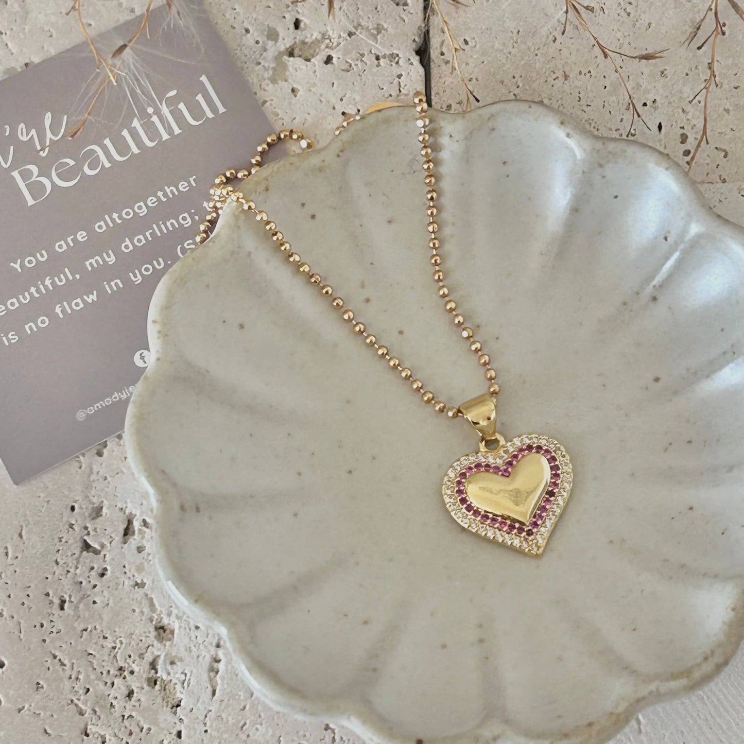 Small Heart Pave Pendant necklace pink glass beaded chain